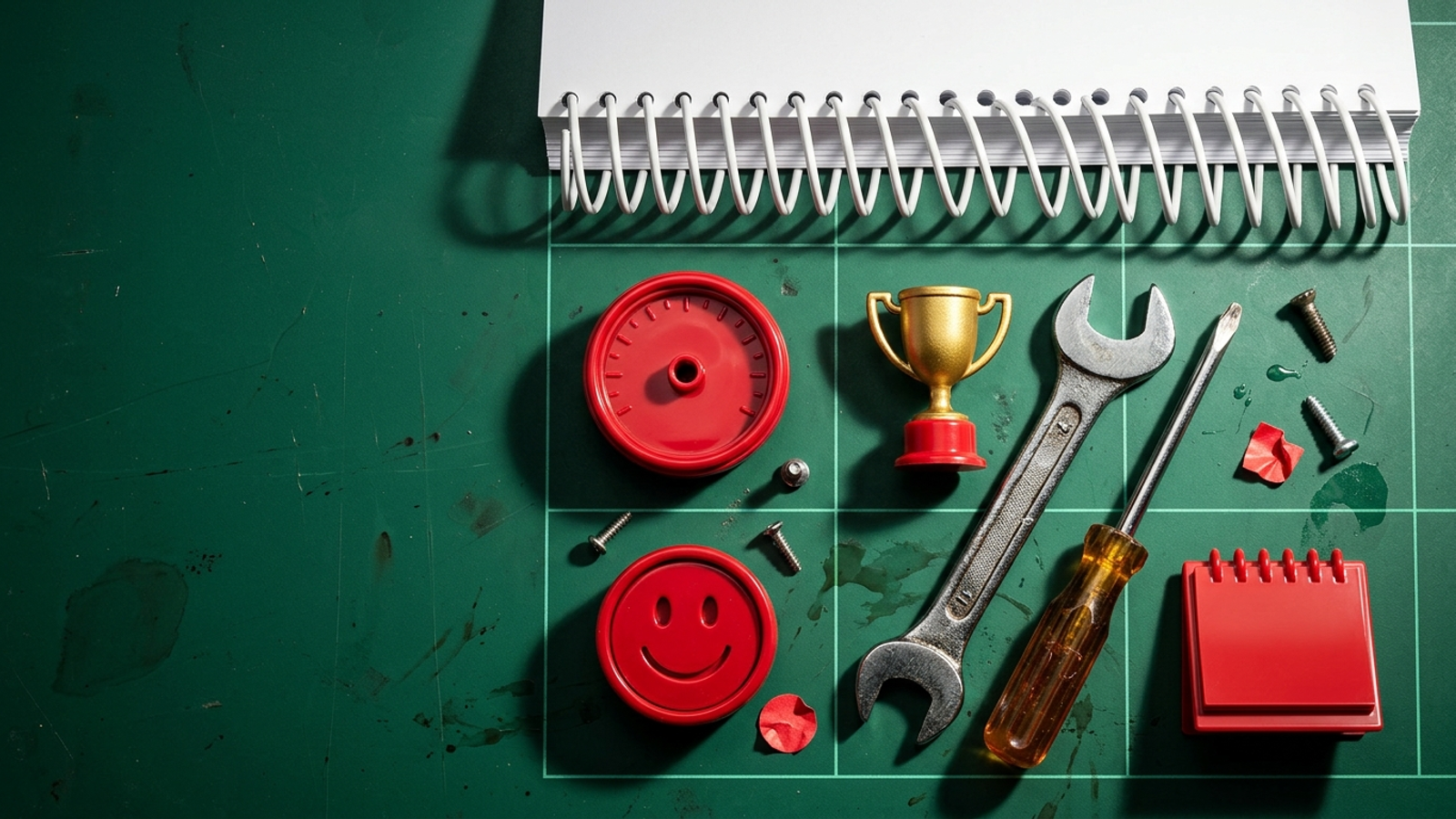 A report dismantled on a workbench into six parts: four shiny red toy gauges and trophies, and only two real, worn steel tools that can actually do the work.