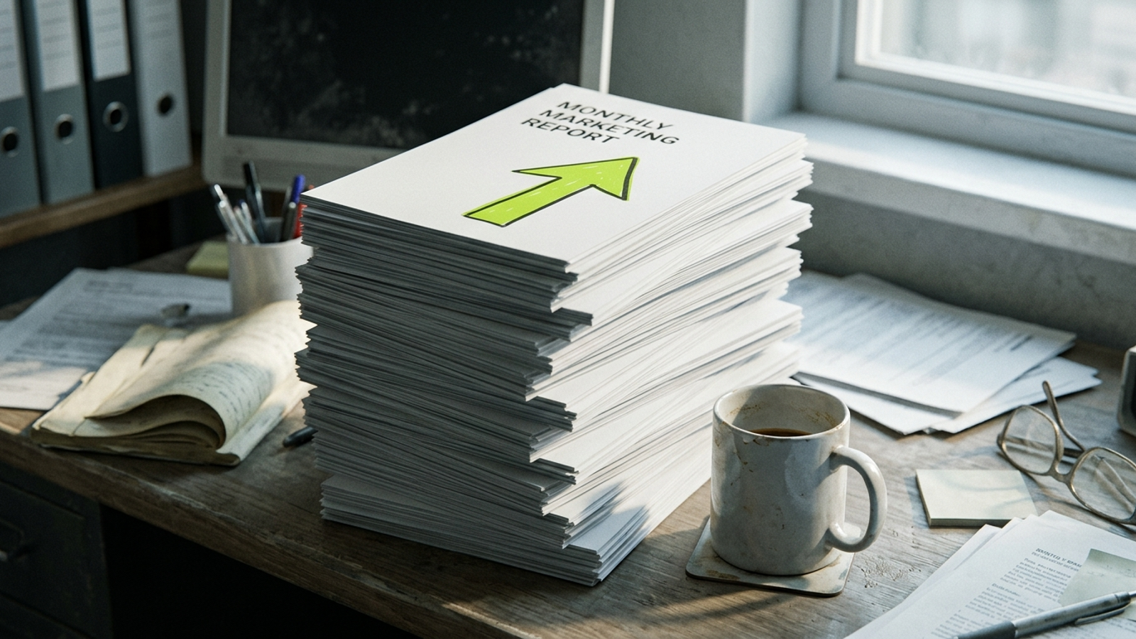 A stack of monthly reports with green arrows beside a cooling cup of coffee