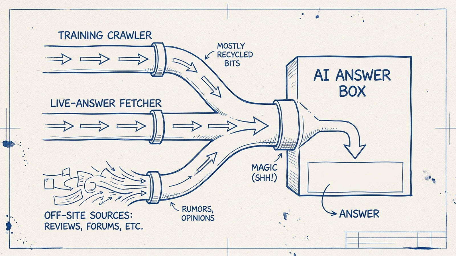 Diagram distinguishing live fetches, training crawls, and off-site sources in an AI answer