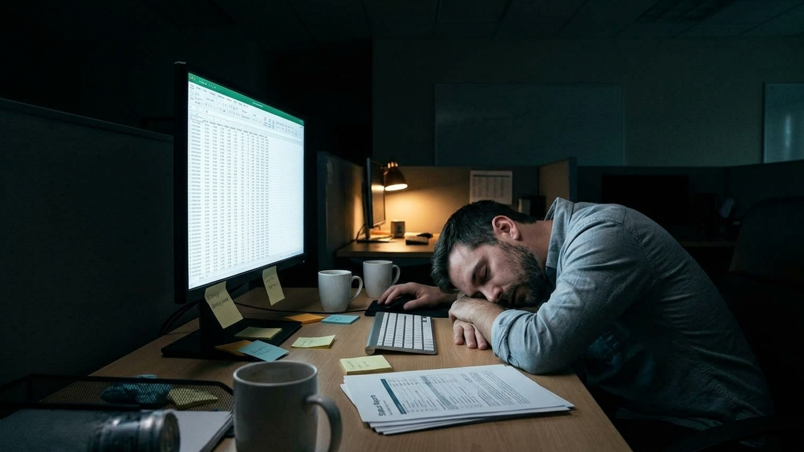 A glowing monitor displays a color-coded spreadsheet beside cold coffee at night