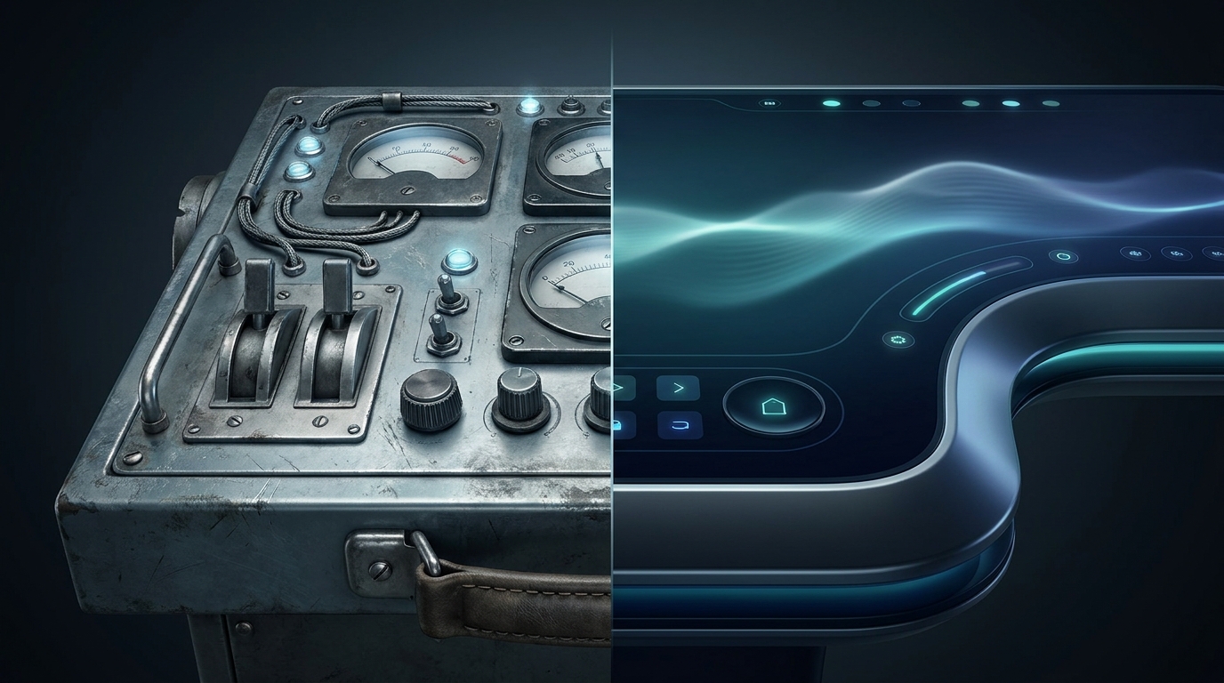 A weathered manual control panel stands beside a sleek modern automation console, symbolizing the contrast between legacy PPC tools and AI-driven campaign management.