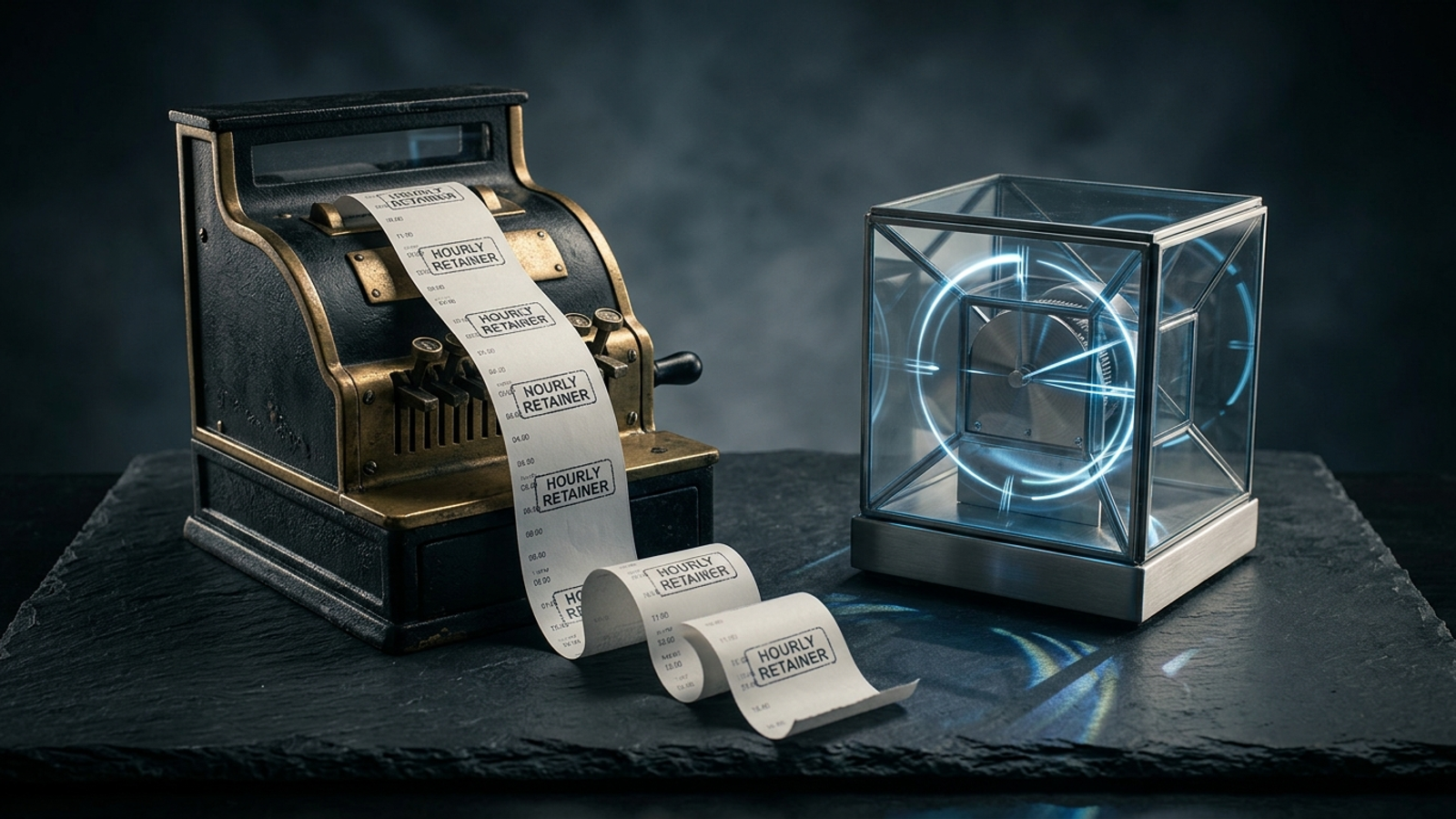 A mechanical cash register contrasted with a transparent, always-on digital clockwork mechanism.