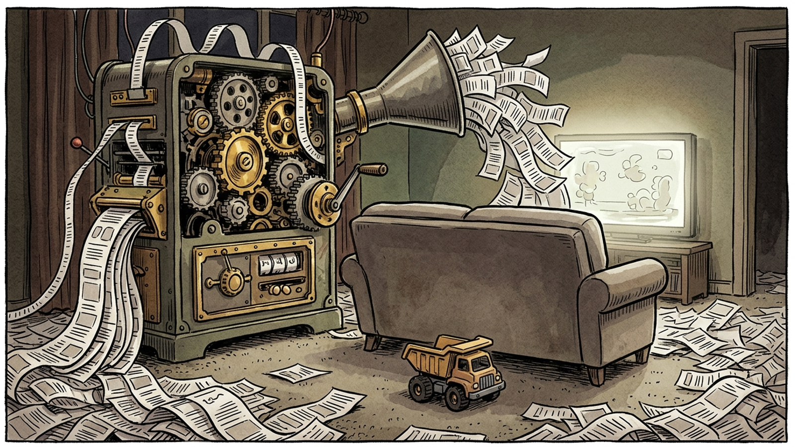 Editorial cartoon of an ad-printing machine filling an empty room with paper beside a toy truck.