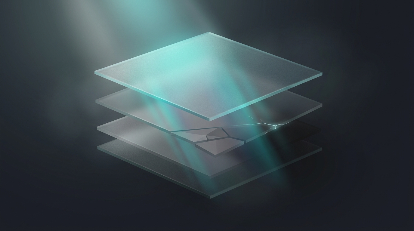 Layered translucent planes stacked unevenly, one visibly cracked and dim, lit by a cool teal accent light against a deep slate background.