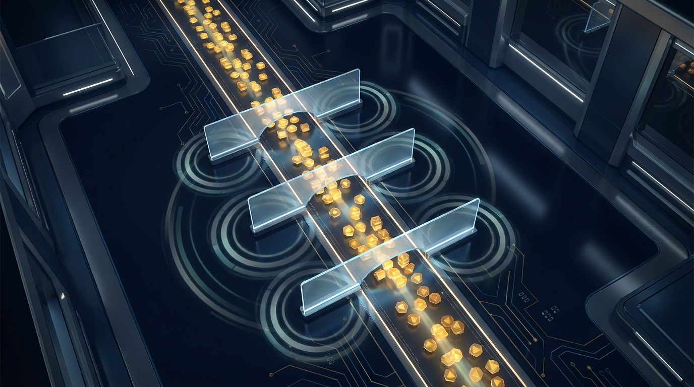 A protective barrier of glass shields over a flow of digital budget tokens, symbolizing guardrails controlling ad spend during an AI learning phase.