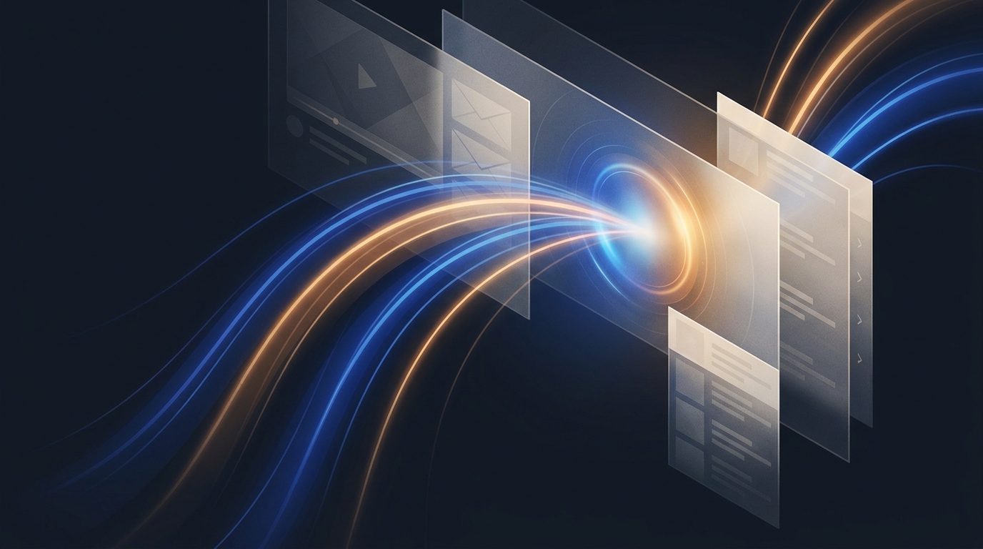 Wide editorial illustration of a mid-funnel marketing channel visualized as glowing light streams flowing through layered digital surfaces representing YouTube, Gmail, and Discover