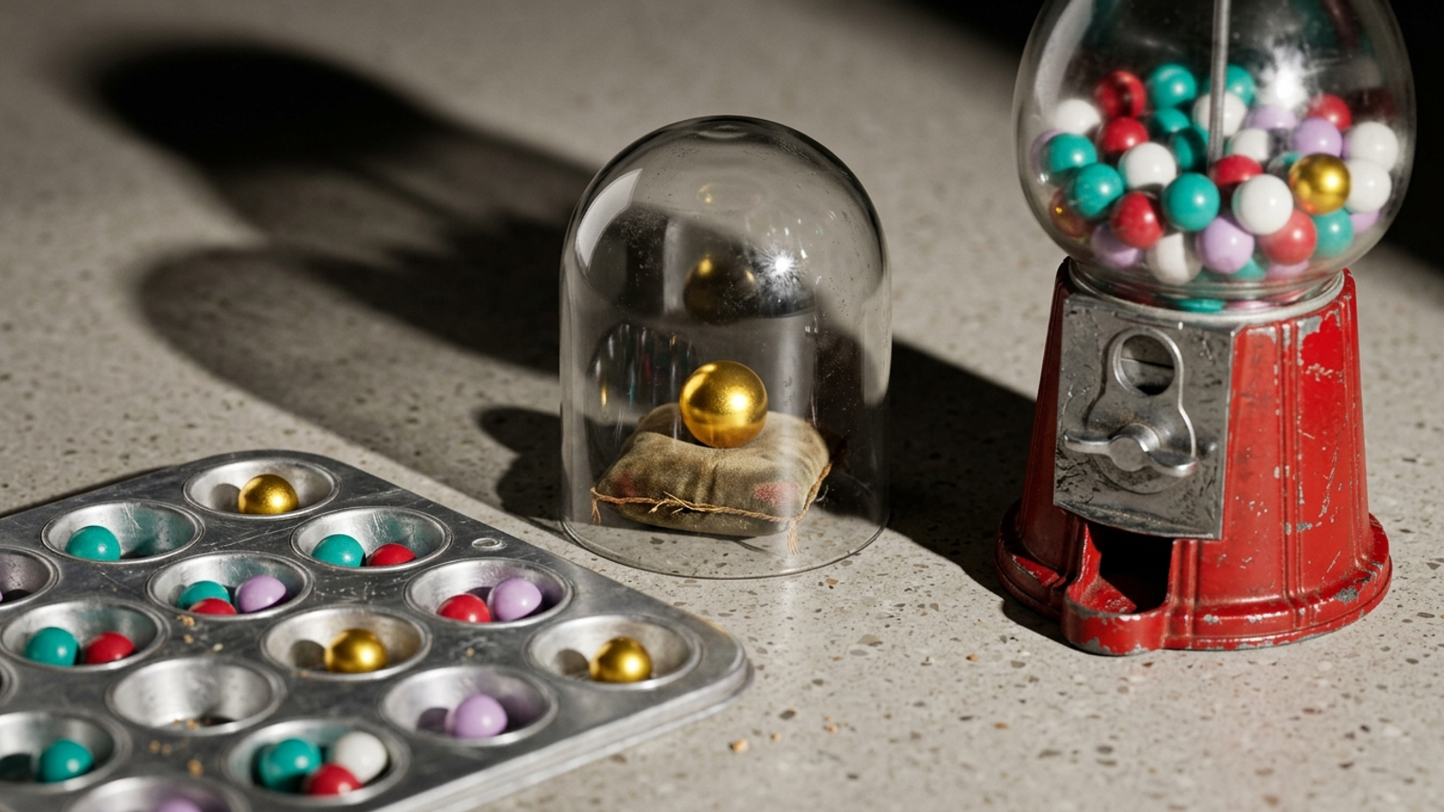 A single gold gumball displayed like a trophy under a glass cloche, beside a tray of twenty gumballs from the same machine where only five are gold.