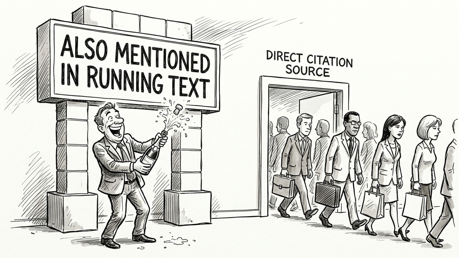 Ink cartoon of an executive celebrating an “Also Mentioned” banner while customers enter a “Direct Citation” doorway.